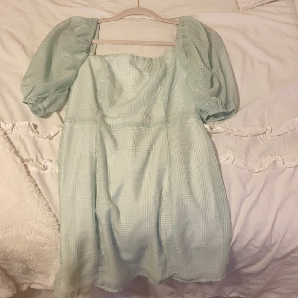 mint green plaid puff sleeved mini dress